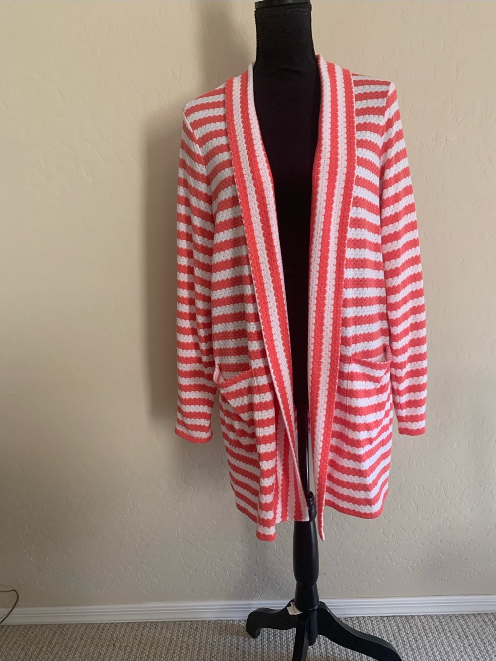 Belle by Kim Gravel Coral and White Striped Open Cardigan